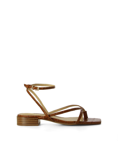 Strappy tan leather sandals featuring a buckle fastening at the ankle and a croc embossed upper, a low block heel and a square toe by Siren.