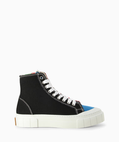 Panelled canvas high-top sneakers with a platform rubber sole, cushioned footbed and a round toe.