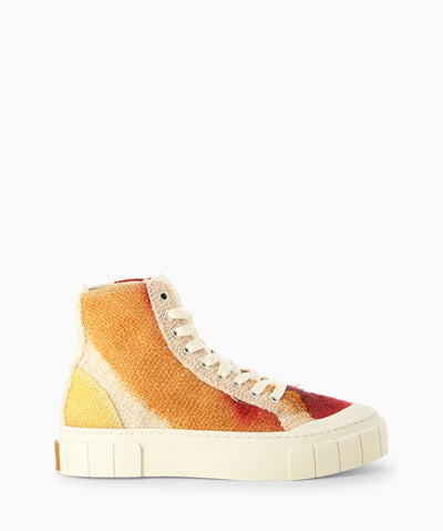 Ombre hessian high-top sneakers with hand-dyed upper using naturally sourced Henna, platform rubber sole, cushioned footbed and a round toe.