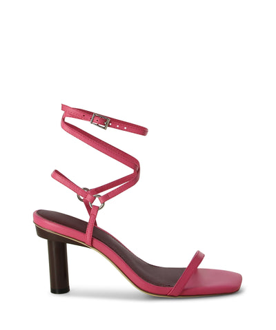Bright pink multi strap sandal with a mid-height cylindrical heel and square toe.