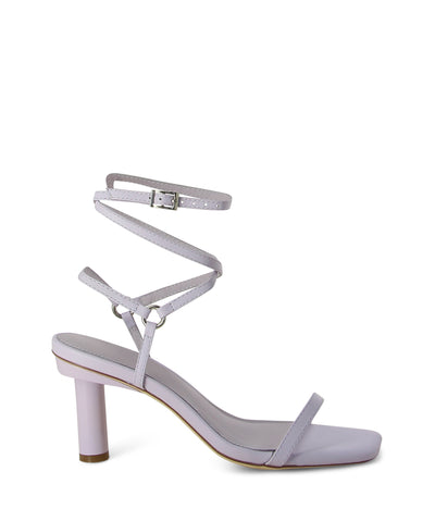 Light purple multi strap sandal with a mid-height cylindrical heel and square toe.