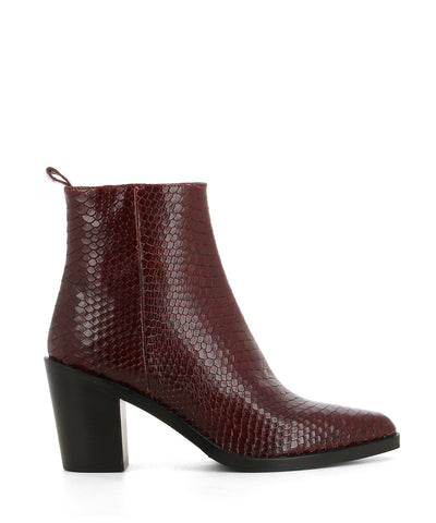 A subtle Western-style snake print, red leather ankle boot that has inner zipper fastening and features a 7.5 cm block heel, and a squared-off pointed toe by Bruno Premi.