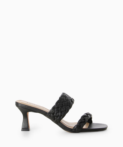 Black leather heels with two braided leather straps, an hourglass heel and a soft square toe.