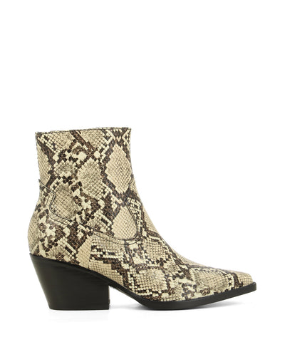 A beige and brown snake skin ankle boot that has zipper fastening, a 6cm block heel and a pointed toe by Jeffrey Campbell.