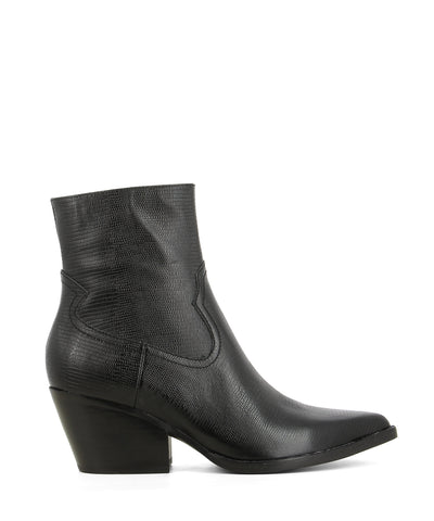 A black leather Western style ankle boot with zipper fastening, and features a lizard texture to the upper, a block heel and a pointed heel by Jeffrey Campbell.