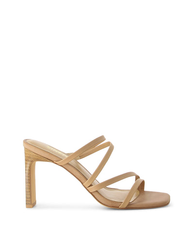 Nude leather strappy heeled sandals upper with an open square toe by Siren.