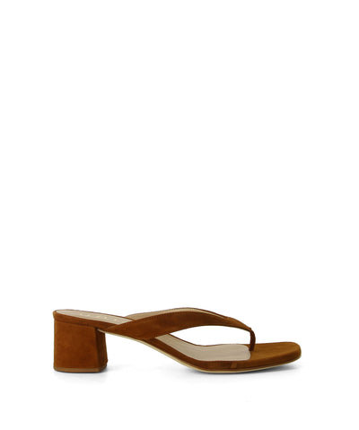 Brown suede thong style sandals featuring a low round block heel and a square toe by Unisa.