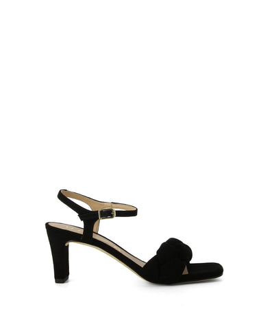 Black suede sandals by featuring plaited strap detailing, a 7.5cm block heel and a square toe by Unisa. 