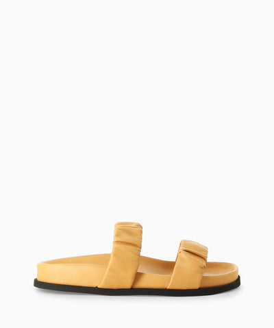 Caramel leather sandals with two ruched leather straps, a moulded footbed and a round toe. 
