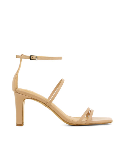 Taupe leather strappy heeled sandals that have an ankle strap with a silver buckle fastening and features a block heel and a square toe by Siren.