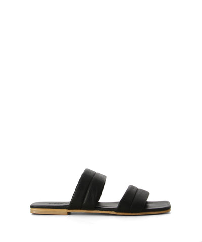 Black leather slip-on slides with two double leather straps and a square toe by Urge.