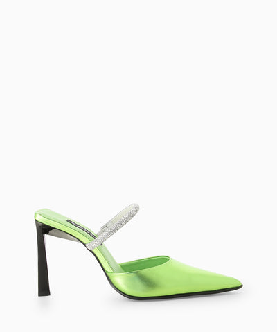 Green metallic leather heels with a rhinestone encrusted strap, triangular stiletto heel and a pointed toe.