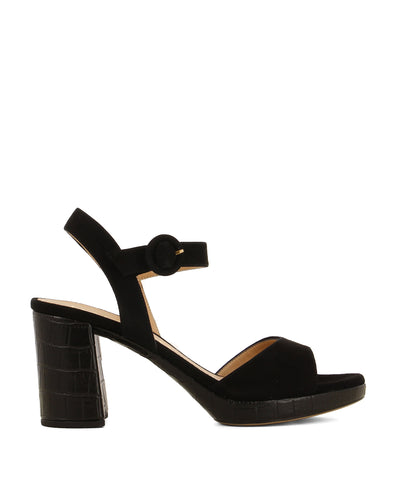 Black suede platform sandals that have a buckle fastening and features a croc textured 8.5cm block heel a round toe by Unisa.