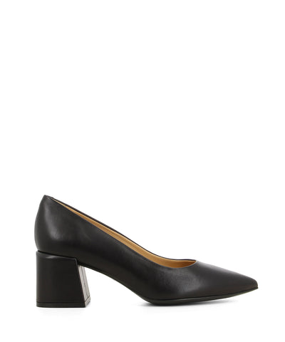 A black leather classic court shoe that features a 6cm block heel and a pointed toe by Lorenzo Mari.