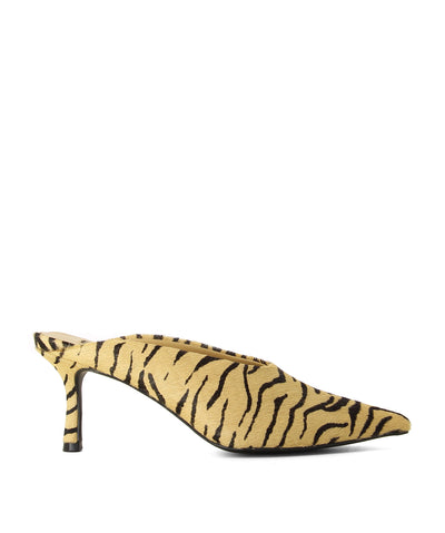 Textured tiger print Victorian style pointed toe mules by Senso.