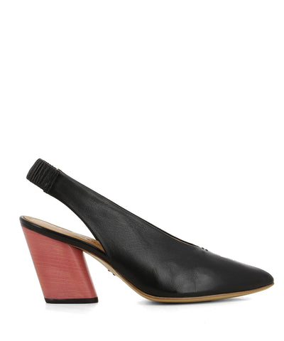 An Italian made black leather slingback with a contrasting pink block heel and a pointed toe hand made in Italy by Halmanera. This style runs true to size. 