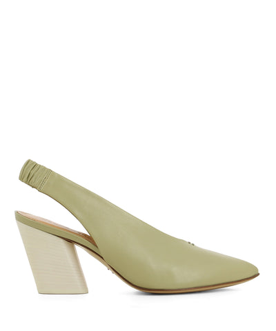 An Italian made pistachio green leather slingback with a contrasting white block heel and a pointed toe hand made in Italy by Halmanera. This style runs true to size. 