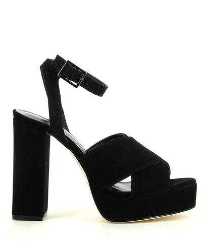 Black Suede Leather Platform Sandal featuring an ankle strap with a buckle fastening, and a round open toe. Made by ZOMP. 