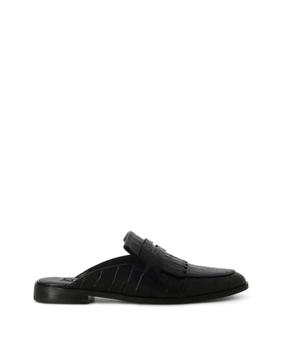 Black slip-on loafers featuring a black croc-embossed leather upper, a strap across the bridge, and a pointed toe by Senso.