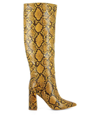 Yellow snake skin knee high boots that feature a 9.5cm block heel, zipper fastening and a pointed toe by Jeffrey Campbell.