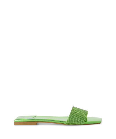 Green metallic leather slides featuring a single diamanté embossed strap and a square toe by Jeffrey Campbell.