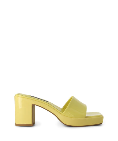Yellow leather slip-on mules featuring a single thick strap, a chunky platform sole, a block heel, and a square toe by Senso.