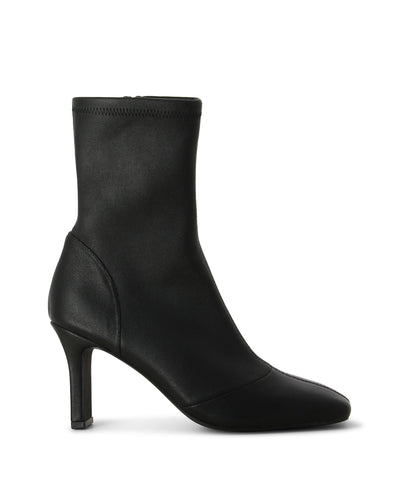 Black leather sock boots with inner zip fastening and featuring a rectangular heel, panelled upper and a soft square toe by Siren.