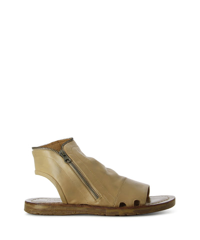 Enclosed ecru sandals with an outer zipper, perforated detailing, a contrasting rubber sole, and a round toe by Martini Marco.