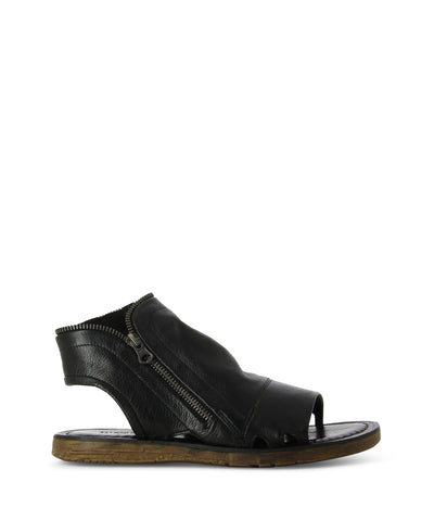 Enclosed black sandals with an outer zipper, perforated detailing, a contrasting rubber sole, and a round toe by Martini Marco.