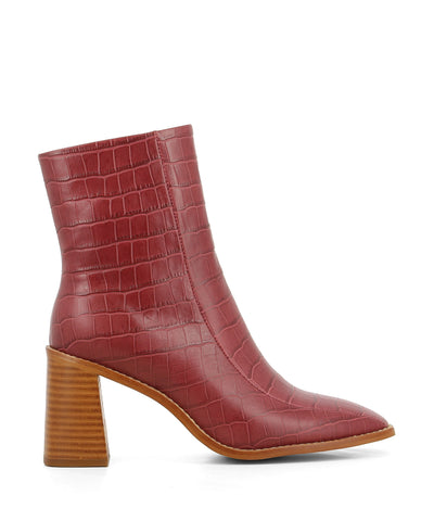 Red Wine Croc leather ankle boots that have a zipper fastening and feature a 7.5cm wooden block heel and a square toe by 2 Baia Vista. 