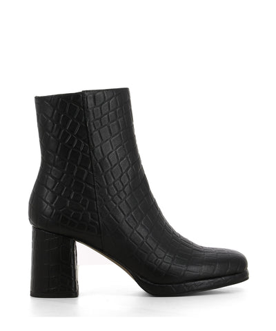 A black croc print ankle boot featuring zipper fastenings, a platform sole, a block heel and a square toe by 2 Baia Vista.