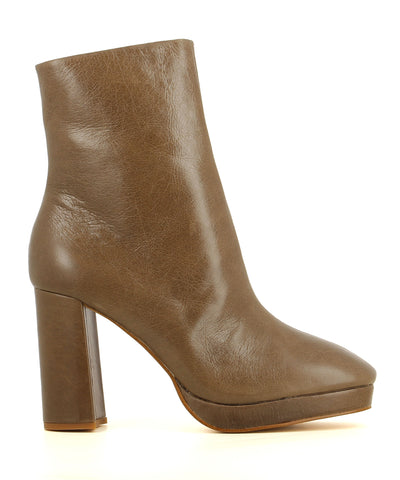 A taupe leather ankle boot by Zomp. The 'Upside' has a zipper fastening and features a platform sole, block heel and a soft square toe.