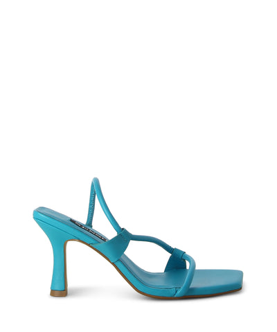 Aqua leather heels with a tubular wrap-around ankle strap and featuring an hourglass heel and a square toe by Senso.