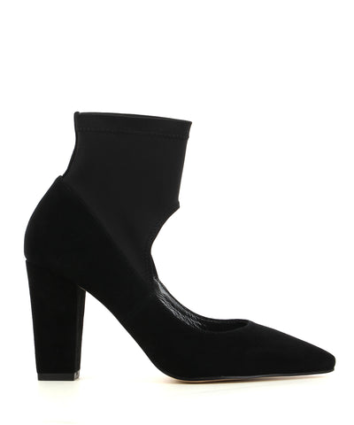 A black suede sock pump by Zomp. The 'Uzette' features a neoprene panel ankle strap, a block heel and a pointed toe.