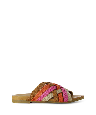 Multicoloured leather slip-on slides with a cushioned leather sole, multiple contrasting woven leather straps, and a round toe by Martini Marco.