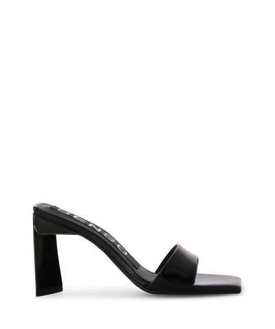 Black patent leather slip-on mules featuring a single thick strap, a triangular heel, and a square toe by Senso