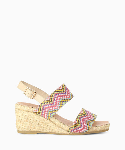 Espadrille wedge sandals with slingback ankle fastening and featuring two Aztec woven straps, a wedge sole and a soft square toe.