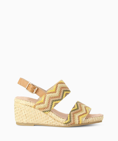 Espadrille wedge sandals with a slingback ankle fastening and featuring two tan chevron woven straps, a wedge sole and a soft square toe.