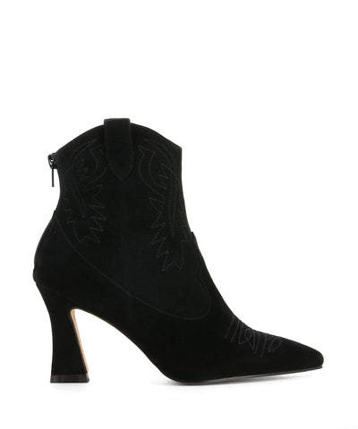 Black suede leather Western-style ankle boots that have a zipper fastening at the back and features a stitched Western design, an hourglass-shaped heel and a pointed toe by Zomp.