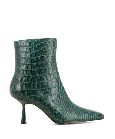 Wellington Green Croc - Forest green leather heeled ankle boots that have inner zipper fastening and features a croc skin texture to the upper, a modern angled 7 cm heel and a pointed toe by Zomp.