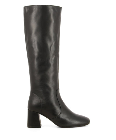 Classic black leather knee-high boots that have a inner zipper fastening and feature a mid-height 5.5cm block heel and a soft square toe by 2 Baia Vista. 