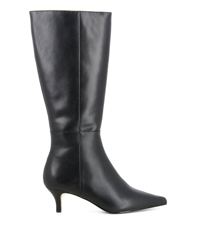 Classic black leather knee-high boots that have inner zipper fastening and feature a short kitten heel and a pointed toe by Zomp.