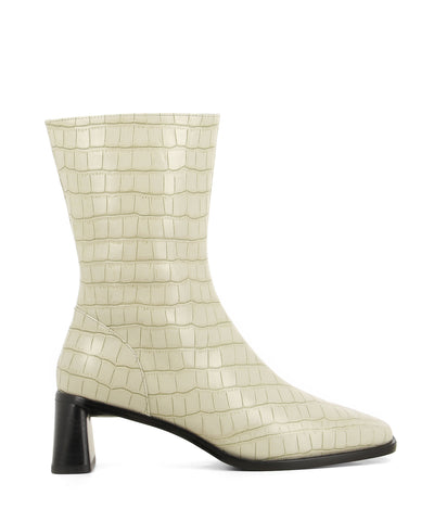Sleek cream croc ankle boots featuring zipper fastenings seam detailing on the upper, a flared block heel and a square toe by 2 Baia Vista.