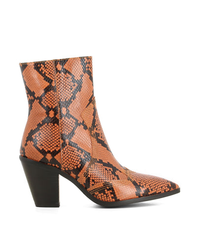 Orange snakeskin Western ankle boots that have inner zipper fastening and features a 7.5 cm semi Cuban heel and a pointed toe by 2 Baia Vista.