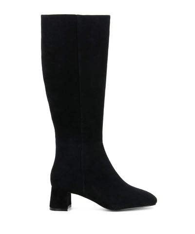 Classic black suede knee-high boots that have inner zipper fastening and feature a low 5 cm block heel and a soft square toe by Zomp.
