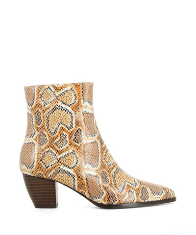 Tonal tan snakeskin leather ankle boots that have inner zipper fastening and featuring a low 5.5 cm curved wooden block heel and a soft pointed toe by Zomp.