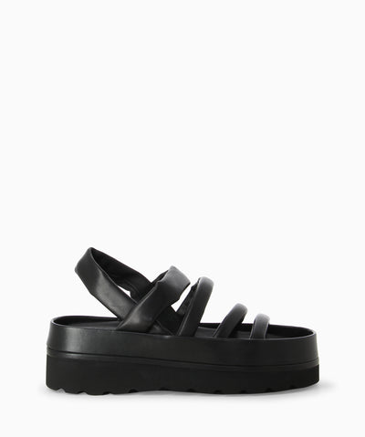 Black leather platform sandals with slingback strap and featuring a multi-strap upper, platform rubber sole and an open round toe