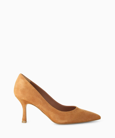 Amber suede pumps with a stiletto heel and a pointed toe.