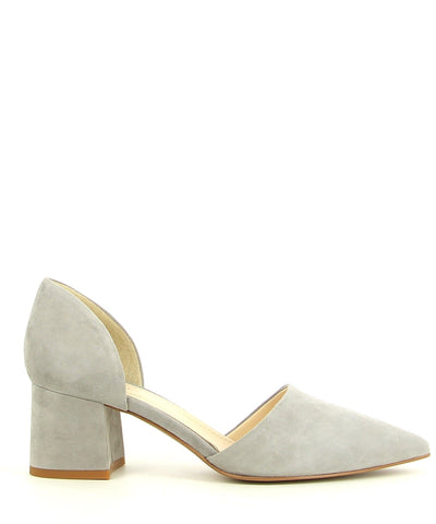 A light grey suede slip on court shoe by Sempre Di. The 'SC443' features a block heel and pointed toe.