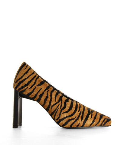 Textured tiger print high heels that feature a pony fur textured upper, a thin rectangle heel and a square toe by Zomp.